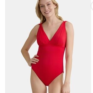 Plunge V-Neck One-Piece Full Coverage Swimsuit in Red/Orange